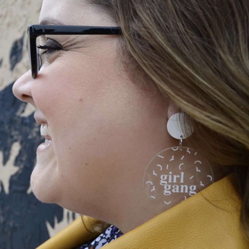 Feminist Speakeasy white clear Girl Gang earrings